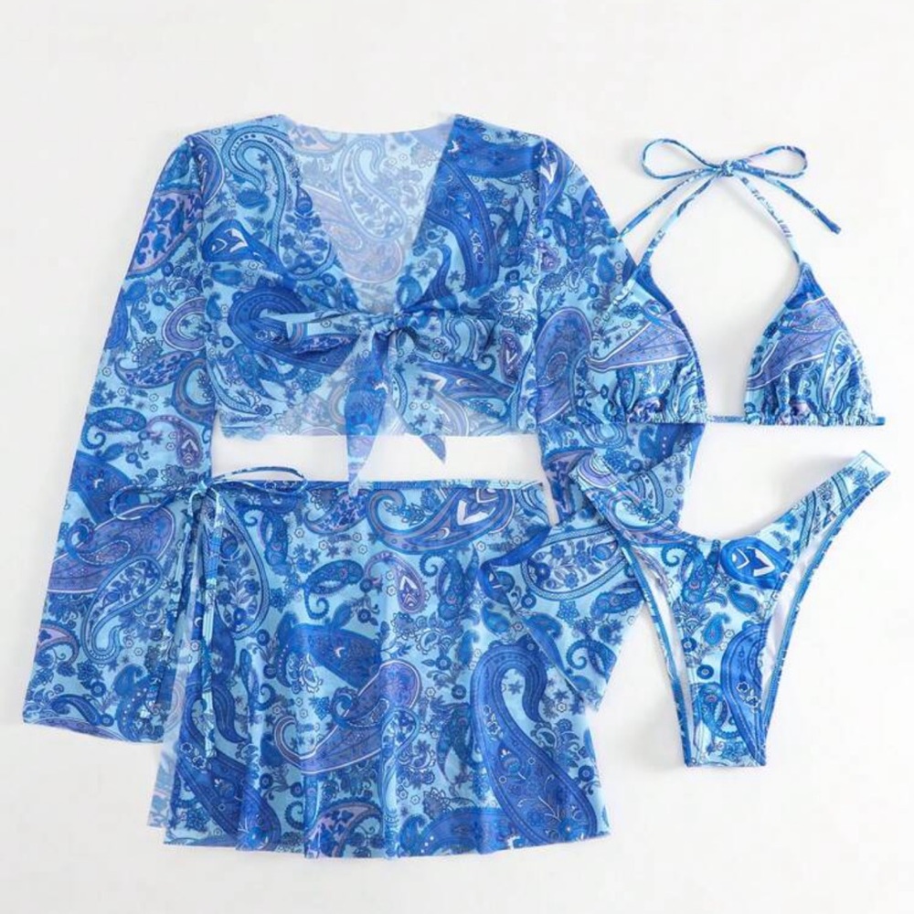 Paisley Print Halter Triangle
Bikini Swimsuit With Cover Up Set